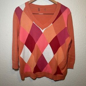 Argyle Sweater Womens Large Bright Orange Retro 90s Classic Grandma Preppy Money